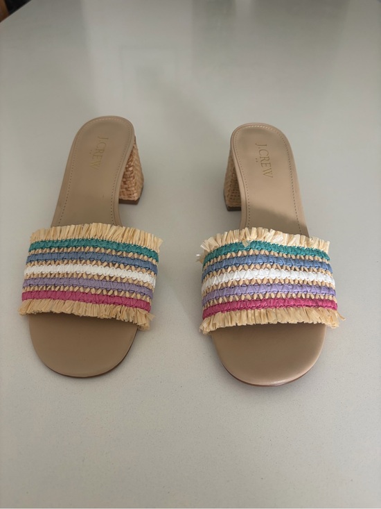 J. Crew Shoes - J. Crew Tan Raffia-Strap Block Heel Mules with Multicolor Stripes